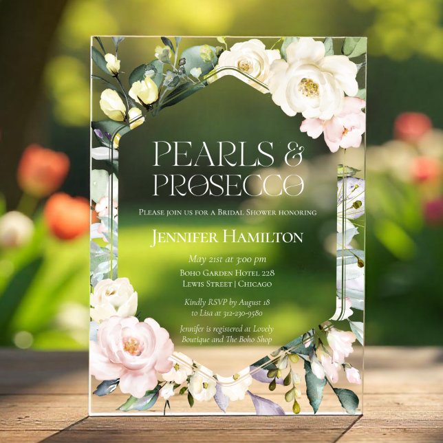 Pearls and Prosecco | Boho Floral Bridal Shower Acrylic Invitations (Creator Uploaded)