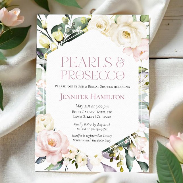 Pearls and Prosecco | Boho Floral Bridal Shower Invitation (Creator Uploaded)
