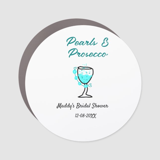Pearls and prosecco bridal shower blue black name  car magnet (Front)