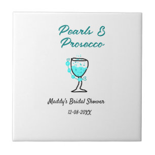 Pearls and prosecco bridal shower blue black name ceramic tile