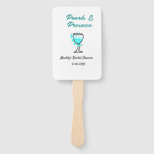 Pearls and prosecco bridal shower blue black name hand fan
