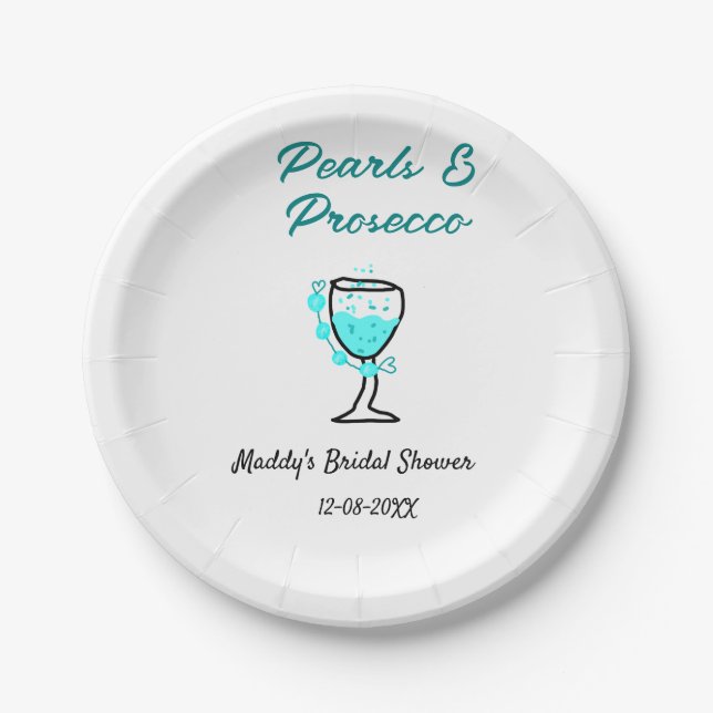Pearls and prosecco bridal shower blue black name  paper plates (Front)