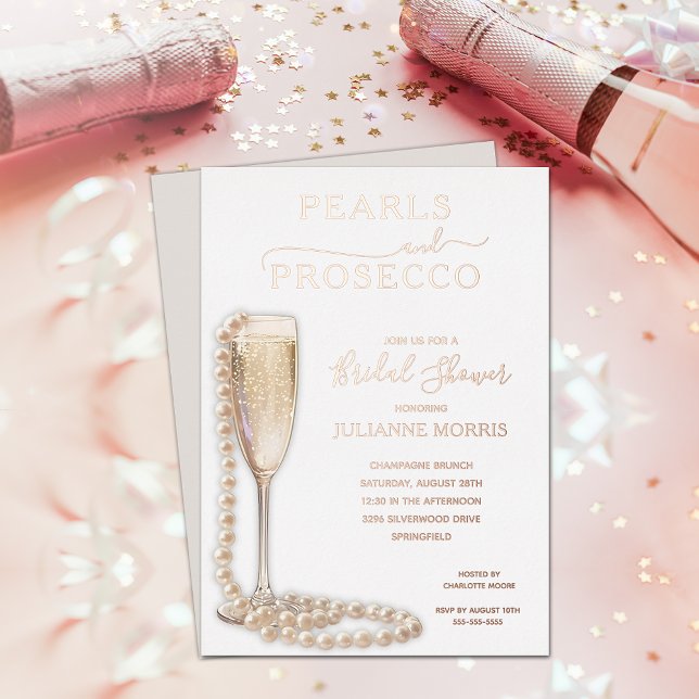 Pearls and Prosecco Bridal Shower Brunch & Bubbly Foil Invitation (Pearls and Prosecco bridal shower brunch & bubbly REAL ROSE GOLD FOIL invitations)