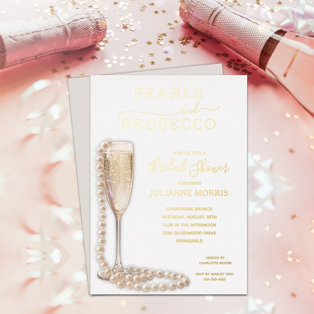 Pearls and Prosecco Bridal Shower Brunch & Bubbly Foil Invitation (Pearls and Prosecco bridal shower brunch & bubbly REAL GOLD FOIL invitations)