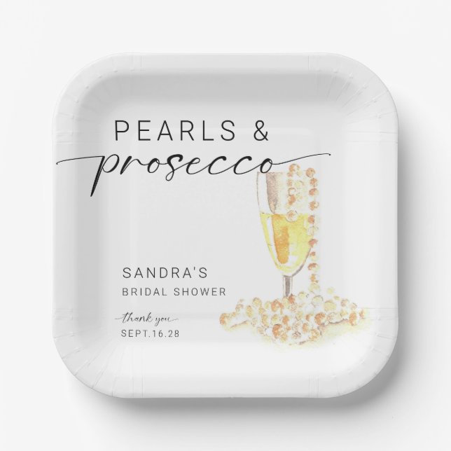 Pearls and Prosecco Bridal Shower Custom Minimal  Paper Plates (Front)
