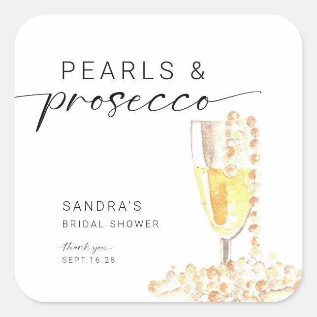 Pearls and Prosecco Bridal Shower Custom Minimal  Square Sticker (Front)