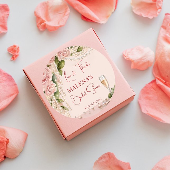 Pearls and prosecco bridal shower elegant favor classic round sticker (Pearls and prosecco bridal shower elegant thank you favor stickers blush pink coral roses and pearls)