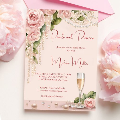 Pearls and prosecco bridal shower elegant pink invitation