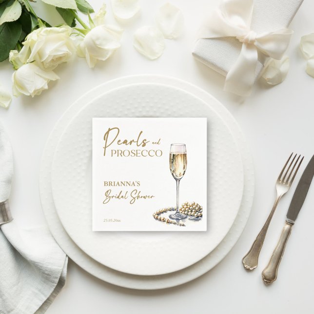 Pearls and prosecco bridal shower elegant printed napkins (Pearls and prosecco bridal shower elegant monogram printed napkins template personalized tableware)