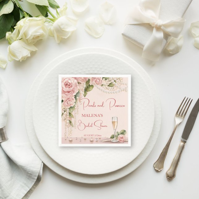 Pearls and prosecco bridal shower elegant printed napkins (Pearls and prosecco bridal shower elegant blush pink monogram printed napkins personalized decor)