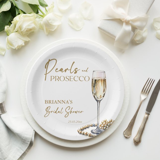 Pearls and prosecco bridal shower elegant printed paper plates (Pearls and prosecco bridal shower elegant monogram printed paper plates personalized tableware decor)