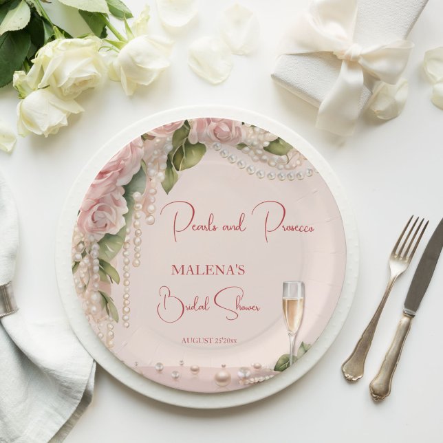 Pearls and prosecco bridal shower elegant printed paper plates (Pearls and prosecco bridal shower elegant monogram printed paper plates blush pink roses and pearls)