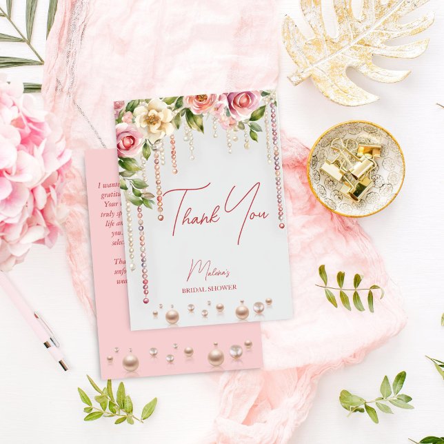 Pearls and prosecco bridal shower elegant thank you card (Pearls and prosecco bridal shower elegant thank you card blush pink roses and pearls thank you card)