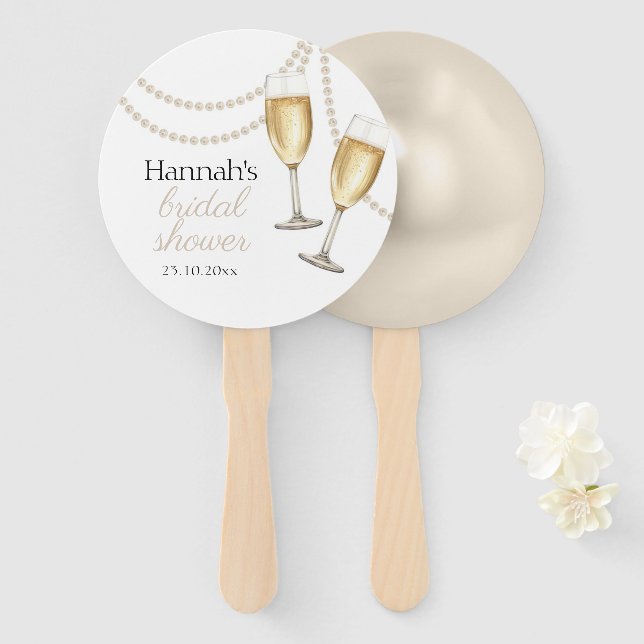Pearls and prosecco bridal shower favor hand fan (Front and Back)