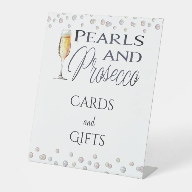 Pearls and Prosecco Bridal Shower Favor Pedestal Sign (Front)