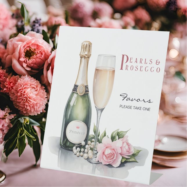Pearls And Prosecco Bridal Shower Favors Pedestal Sign (Angled view pearls and prosecco bridal shower brunch and bubbly favors sign)