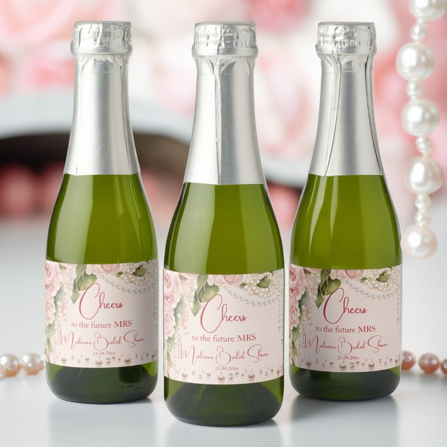 Pearls and prosecco bridal shower favors sparkling wine label (Pearls and prosecco bridal shower favors personalized printed sparkling wine label mini champagne)