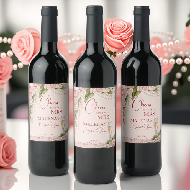Pearls and prosecco bridal shower favors wine label (Pearls and prosecco bridal shower favors personalized printed wine label template blush pink roses)
