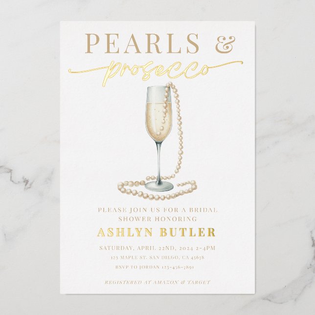 Pearls and Prosecco Bridal Shower Foil Invitation (Front)