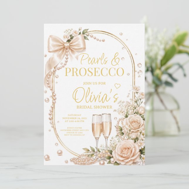 Pearls and Prosecco Bridal Shower invitation (Standing Front)