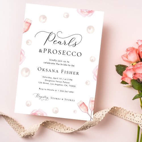 Pearls and Prosecco Bridal Shower Modern Elegant Invitation