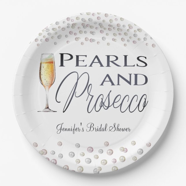 Pearls and Prosecco Bridal Shower Paper Plates (Front)