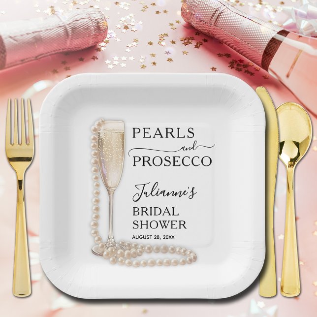 Pearls and Prosecco Bridal Shower Paper Plates (Pearls and Prosecco brunch and bubbly bridal shower square paper plates)