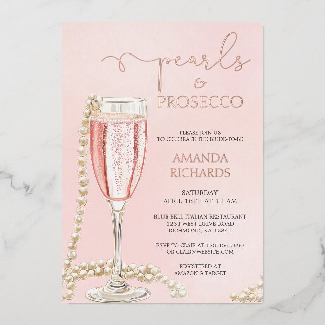 Pearls and Prosecco Bridal Shower Rose Gold Foil Invitation (Front)