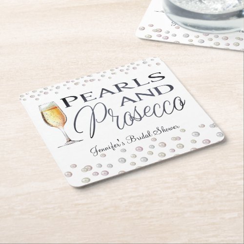 Pearls and Prosecco Bridal Shower Square Paper Coaster