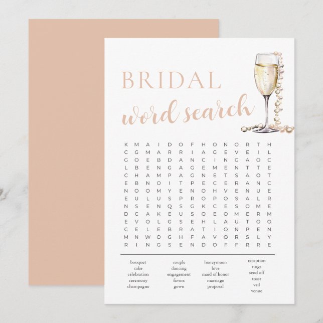 Pearls and Prosecco Bridal Shower Word Search Game Invitation (Front/Back)