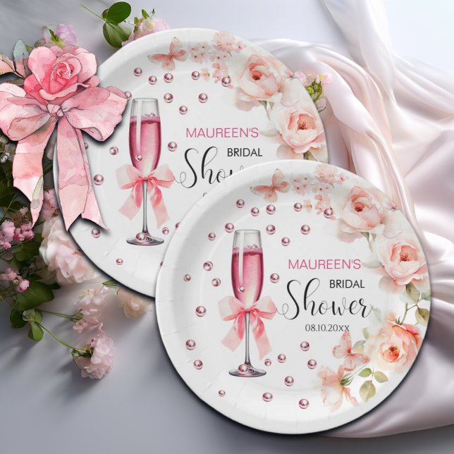 Pearls and Prosecco Dusty Pink Roses Bridal Shower Paper Plates (Creator Uploaded)