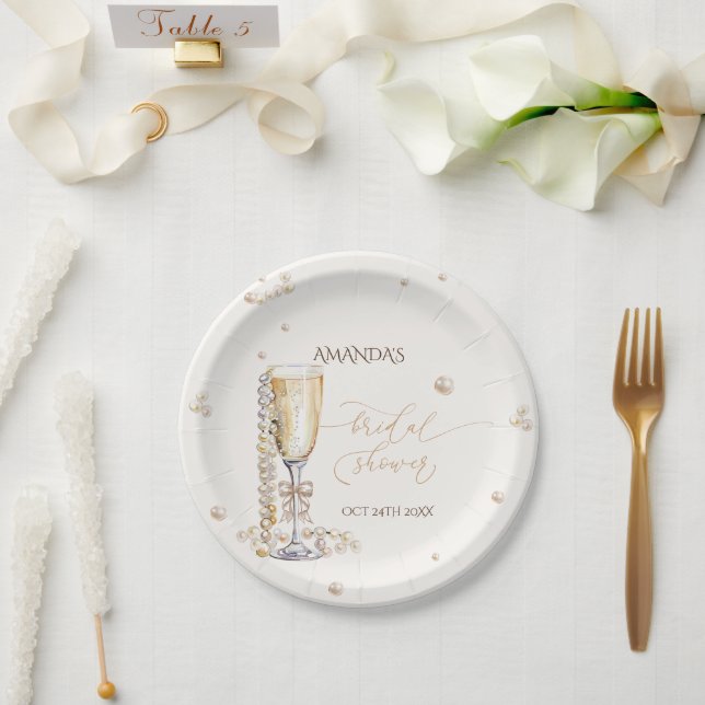Pearls and Prosecco Elegant Bow Bridal Shower  Paper Plates (Wedding)