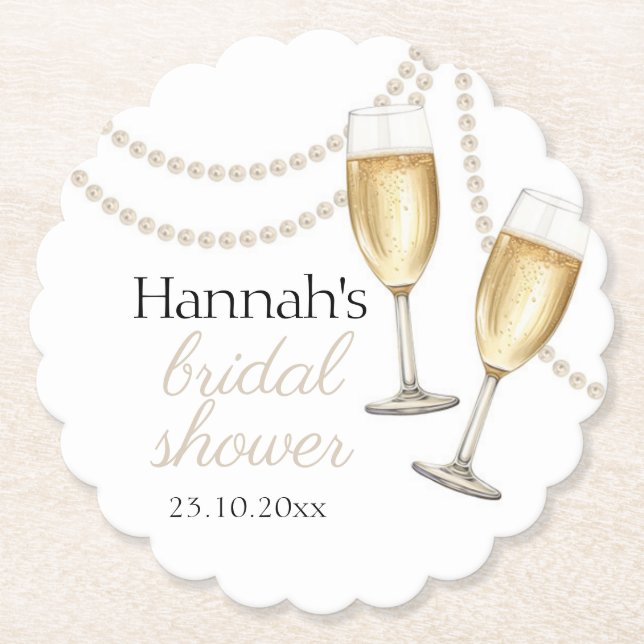 Pearls and prosecco Elegant bridal Shower Paper Coaster (Front)