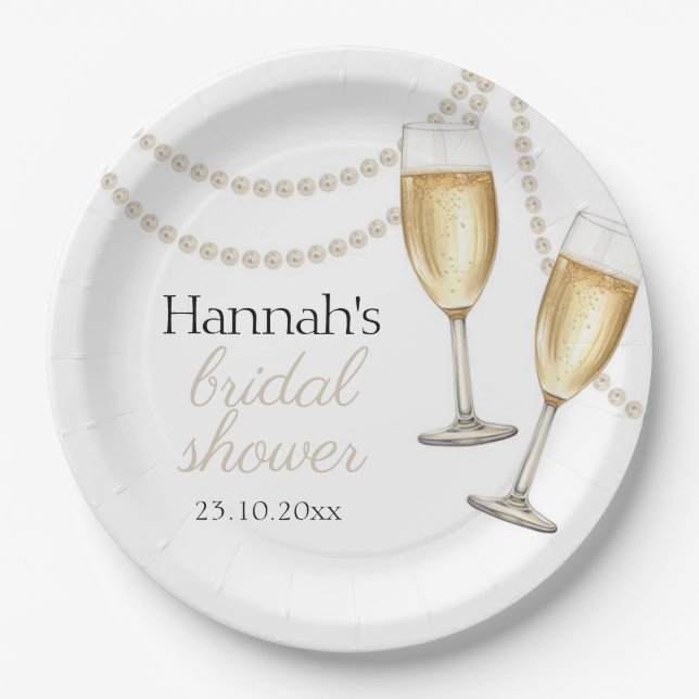 Pearls and prosecco Elegant bridal Shower Paper Plates (Front)