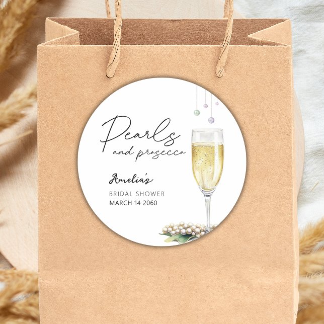 Pearls And Prosecco Elegant Greenery Bridal Shower Classic Round Sticker (Creator Uploaded)
