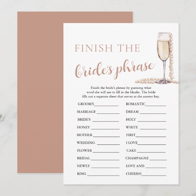 Pearls and Prosecco Finish the Bride's Phrase Game Invitation (Front/Back)