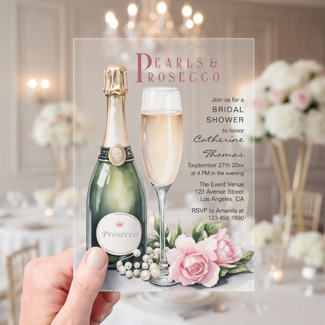 Pearls And Prosecco Floral Elegant Bridal Shower Acrylic Invitations (Angled view pearls and prosecco bridal shower romantic pink fairytale elegant acrylic invitation)