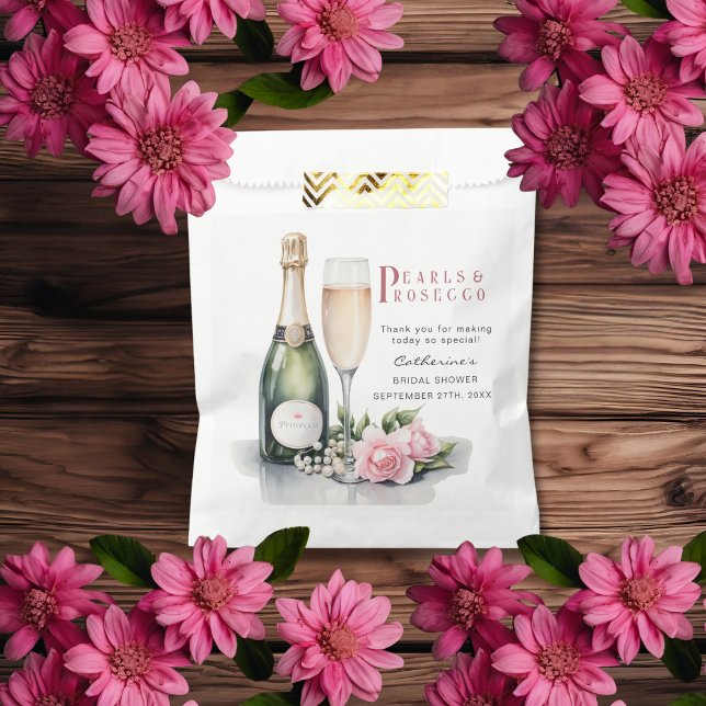 Pearls And Prosecco Floral Elegant Bridal Shower Favor Bag (Flat lay pearls and prosecco bridal shower rustic glam chic watercolor floral favor bag)