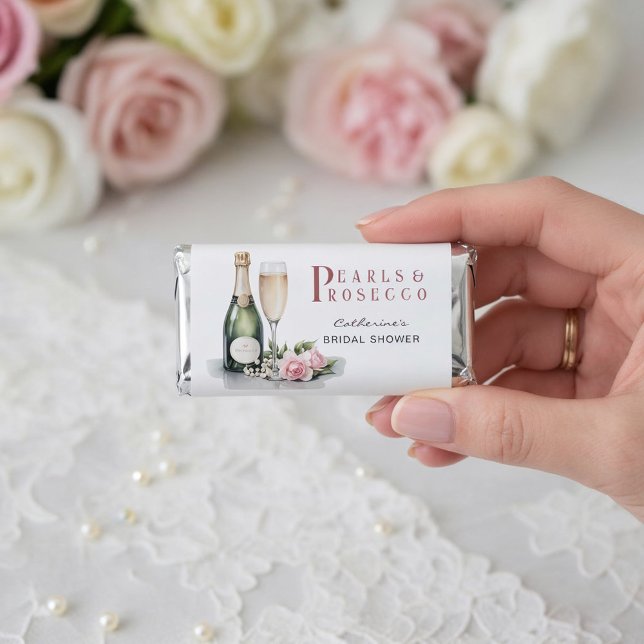 Pearls And Prosecco Floral Elegant Bridal Shower Hershey's Miniatures (Close up pearls and prosecco bridal shower brunch and bubbly rustic glam chic candy favor)