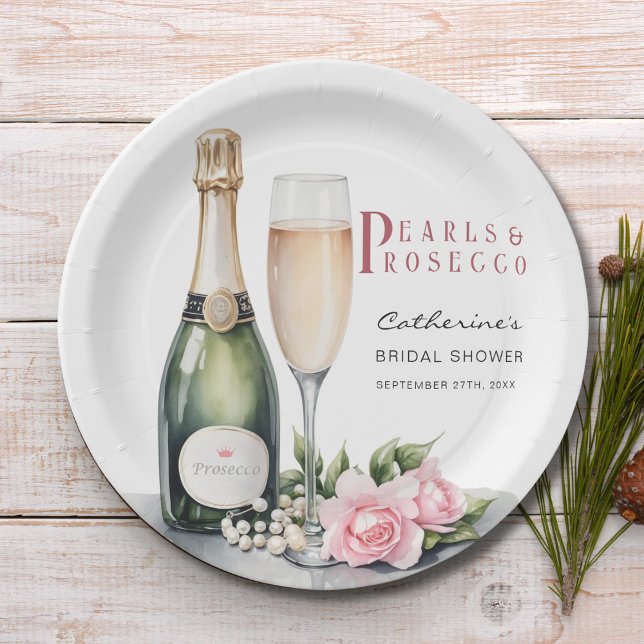 Pearls And Prosecco Floral Elegant Bridal Shower Paper Plates (Creator Uploaded)