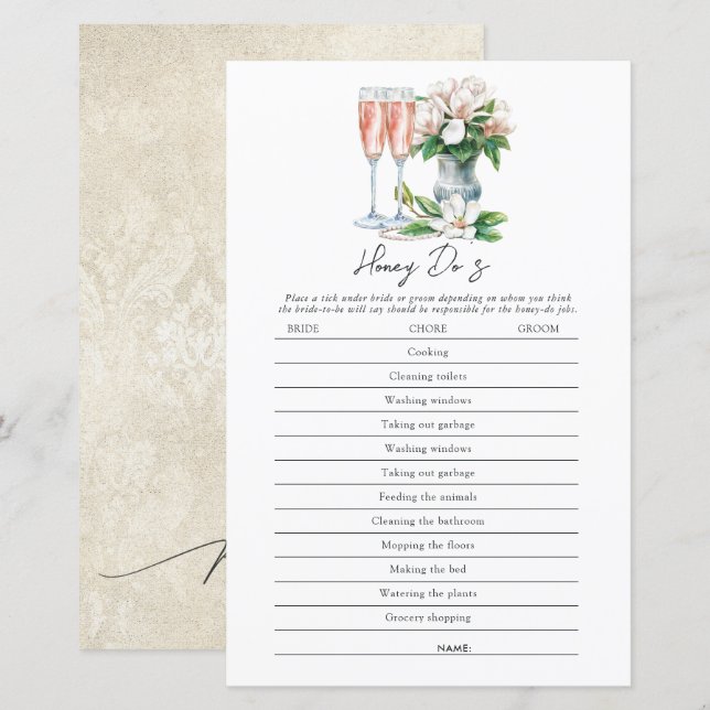 Pearls and Prosecco Honey Do’s Bridal Shower Game  (Front/Back)