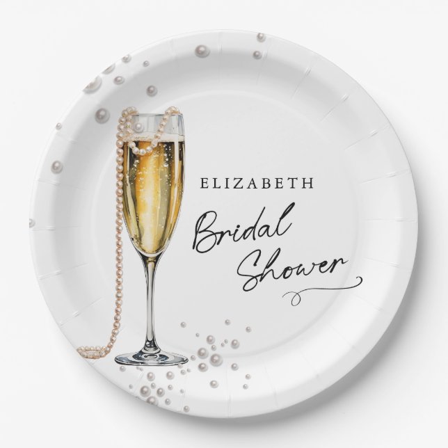 Pearls and Prosecco Minimalist Bridal Shower Paper Plates (Front)