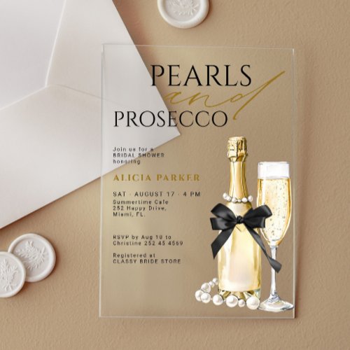Pearls and prosecco modern black bow bridal shower acrylic invitations
