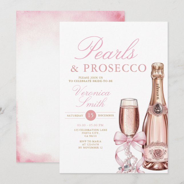 Pearls and Prosecco Necklace Bow Bridal Shower Invitation (Front/Back)