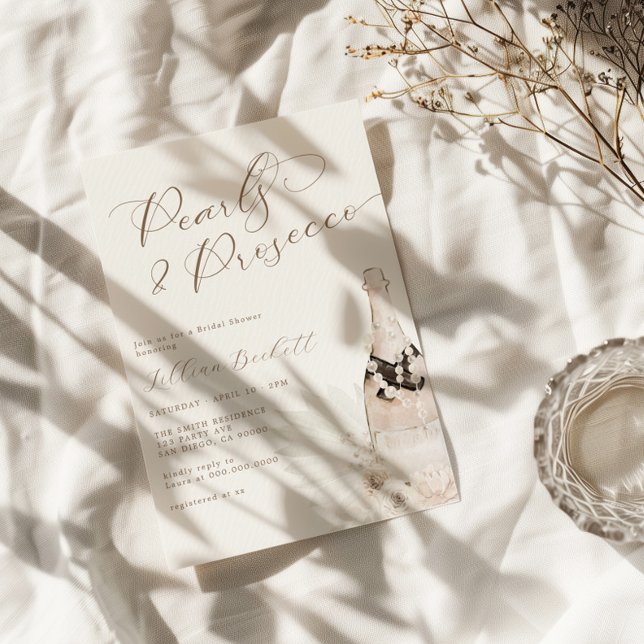 Pearls and Prosecco Neutral Script Bridal Shower Invitation (Creator Uploaded)
