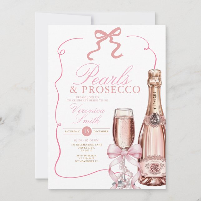 Pearls and Prosecco Pink Bow Bridal Shower Invitation (Front)