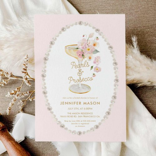 Pearls and Prosecco Pink Bridal Shower Invitation