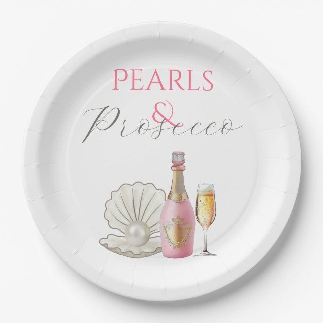 Pearls and Prosecco Pink Bridal Shower Paper Plates (Front)