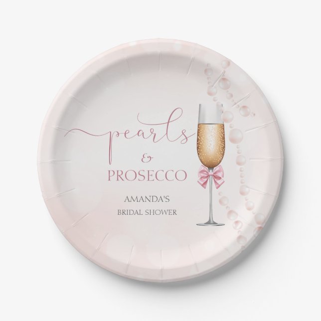 Pearls and Prosecco Pink Bridal Shower Paper Plates (Front)