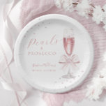 Pearls and Prosecco Pink Bridal Shower Paper Plates<br><div class="desc">Add a touch of chic glam to your bridal brunch with these elegant watercolor plates. Featuring a champagne glass adorned with pearls and a delicate pink bow, these modern plates are perfect for a brunch and bubbly celebration. The elegant calligraphy script enhances the sophisticated design, making them an ideal choice...</div>
